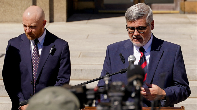 Randy Spivey and Luke Ihnen, attorneys for Christa Pike, deliver a news briefing outside the Davidson County courthouse