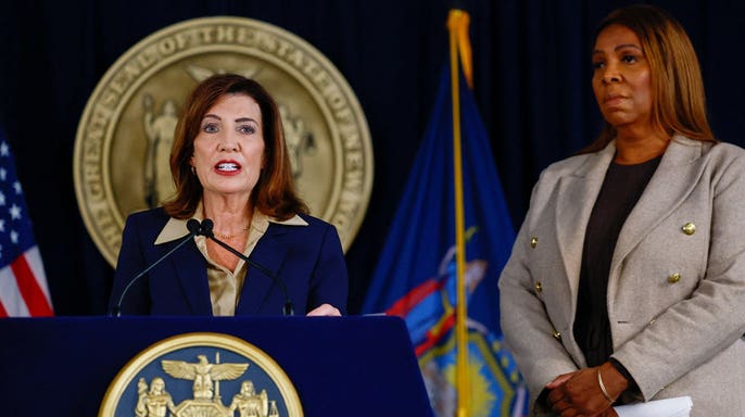 New York Governor Kathy Hochul and New York Attorney General Letitia James attend a press conference regarding an investigation into alleged sexual assault at Cornell University, in New York City, US, October 2, 2026.