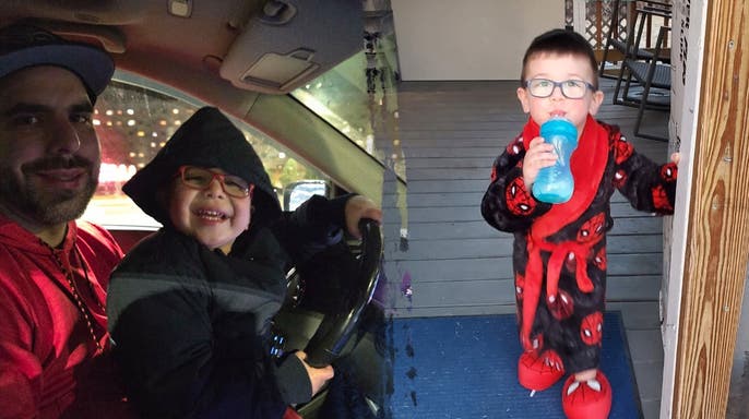image shows dad and son on left, son on right