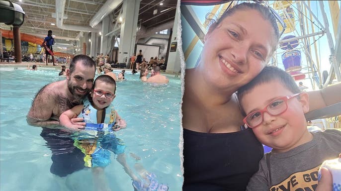 image shows split of family at waterpark