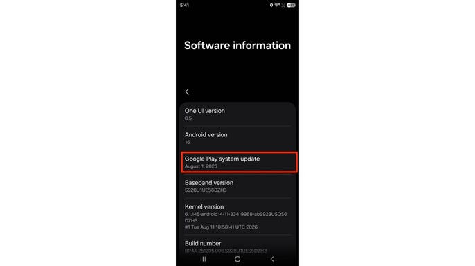 A Samsung Galaxy software information screen