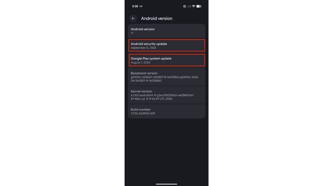 A Google Pixel software information screen