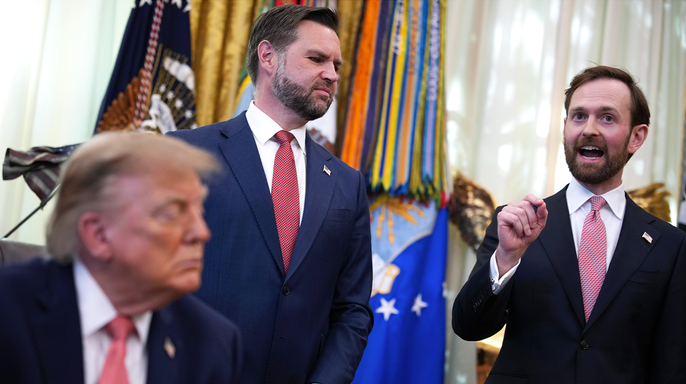 FTC Chairman Andrew Ferguson speaks alongside President Donald Trump and Vice President JD Vance in the Oval Office