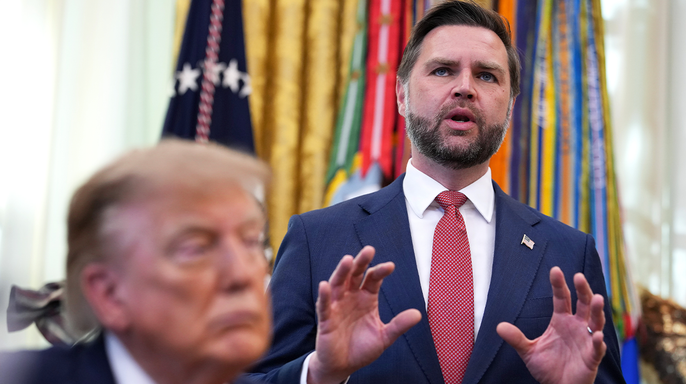 President Donald Trump listens during an Oval Office announcement on fraud whistleblower rewards