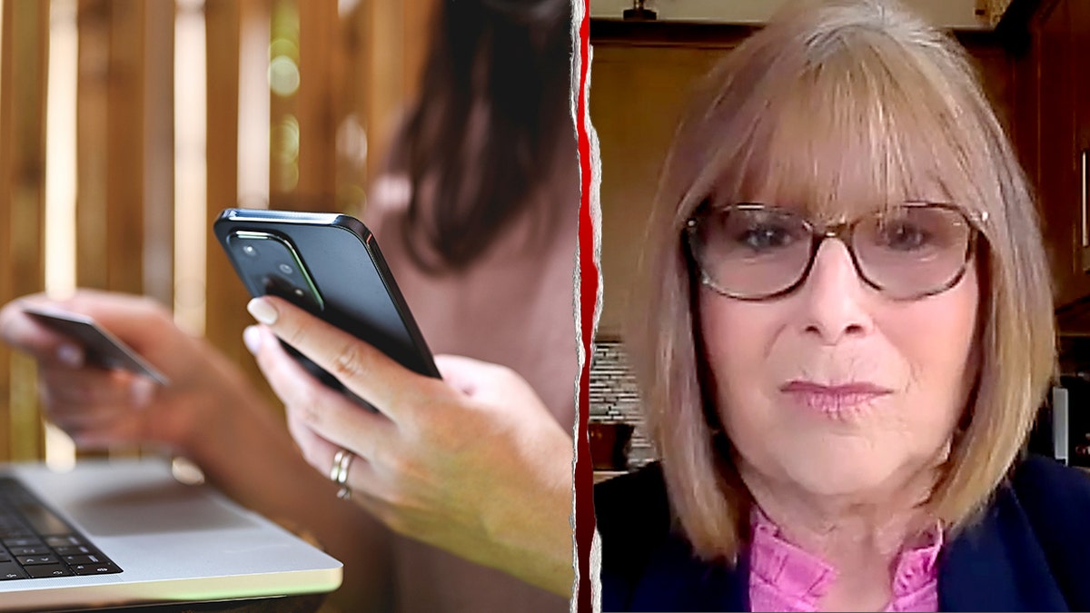 A person holding a credit card and a phone is pictured next to Gail Barr.