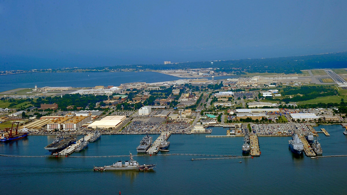 An aerial view of Naval Station Norfolk and surrounding waterways in Virginia.