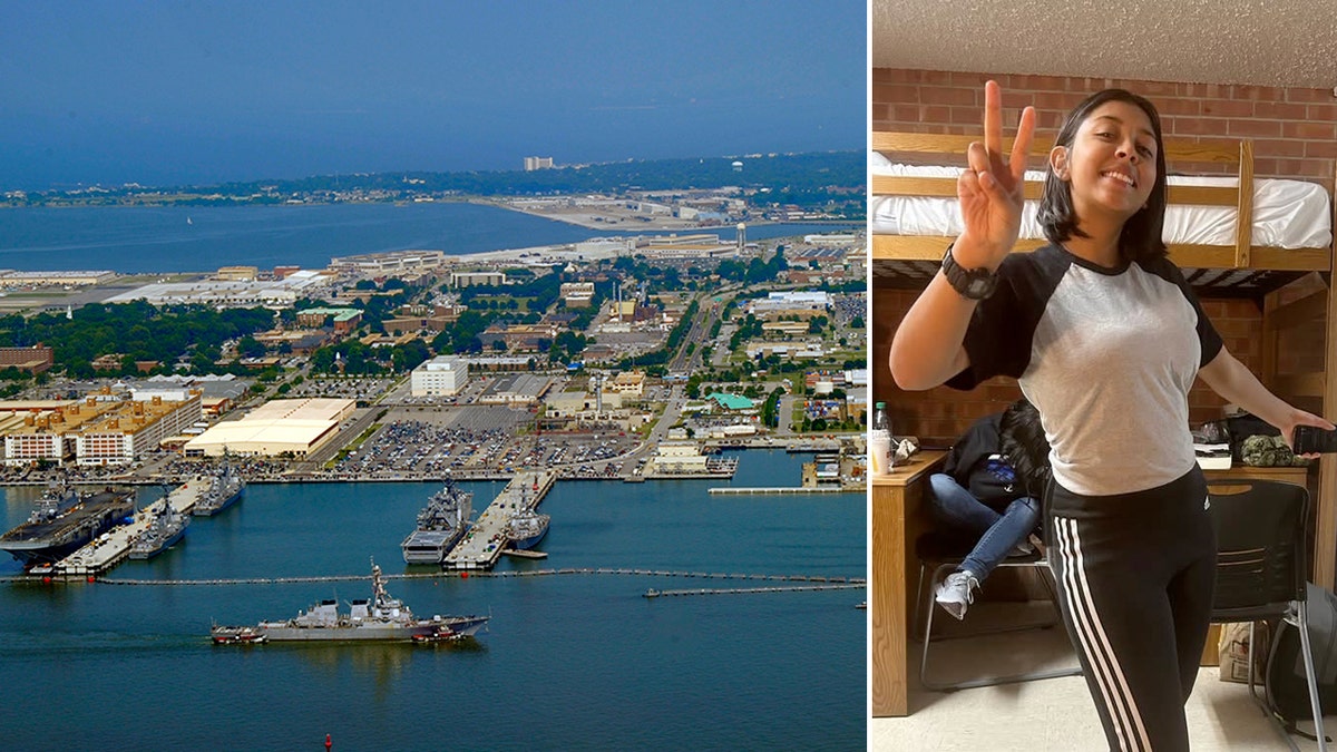 A split image shows Naval Station Norfolk from above alongside a photo of Angelina Resendiz smiling inside a barracks room.