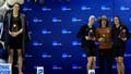 Penn swimmer Lia Thomas stands on the podium after winning the 500-yard freestyle as other medalists (L-R) Emma Weyant, Erica Sullivan and Brooke Forde pose for a photo at the NCAA Division I Women's Swimming &amp;amp; Diving Championship on March 17, 2022, in Atlanta, Georgia. (Photo by Justin Casterline/Getty Images).