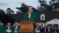 AUGUSTA, GEORGIA - APRIL 14: Scottie Scheffler speaks after being awarded his second green jacket as the 2024 Masters Champion after the final round of  Masters Tournament at Augusta National Golf Club on April 14, 2024 in Augusta, Georgia. (Photo by Ben Jared/PGA TOUR via Getty Images)