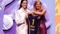 NEW YORK, NEW YORK - APRIL 15: Caitlin Clark poses with WNBA Commissioner Cathy Engelbert after being selected first overall pick by the Indiana Fever during the 2024 WNBA Draft at Brooklyn Academy of Music on April 15, 2024 in New York City. (Photo by Sarah Stier/Getty Images)