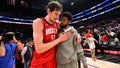 LOS ANGELES, CA - APIRL 14: Boban Marjanovic #51 of the Houston Rockets and Paul George #13 of the LA Clippers talk after the game on April 14, 2024 at Crypto.Com Arena in Los Angeles, California. NOTE TO USER: User expressly acknowledges and agrees that, by downloading and/or using this Photograph, user is consenting to the terms and conditions of the Getty Images License Agreement. Mandatory Copyright Notice: Copyright 2024 NBAE (Photo by Adam Pantozzi/NBAE via Getty Images)