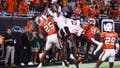 MIAMI GARDENS, FLORIDA - SEPTEMBER 27: Miami Hurricanes defenders break up a pass intended for Da'Quan Felton #9 of the Virginia Tech Hokies during the fourth quarter of the game at Hard Rock Stadium on September 27, 2024 in Miami Gardens, Florida. (Photo by Megan Briggs/Getty Images) - Fox News