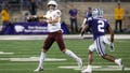 Nov 16, 2024; Manhattan, Kansas, USA; Arizona State Sun Devils quarterback Sam Leavitt (10) drops back to pass against Kansas State Wildcats safety Colby McCalister (2) during the second quarter at Bill Snyder Family Football Stadium. Mandatory Credit: Scott Sewell-Imagn Images - Fox News