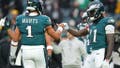 PHILADELPHIA, PENNSYLVANIA - DECEMBER 15: Jalen Hurts #1 of the Philadelphia Eagles greets A.J. Brown #11 of the Philadelphia Eagles on field prior to the game against the Pittsburgh Steelers at Lincoln Financial Field on December 15, 2024 in Philadelphia, Pennsylvania. (Photo by Mitchell Leff/Getty Images) - Fox News