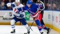 NEW YORK, NEW YORK - FEBRUARY 28:  Will Borgen #17 of the New York Rangers skates with the puck against Matthew Knies #23 of the Toronto Maple Leafs at Madison Square Garden on February 28, 2025 in New York City. (Photo by Jared Silber/NHLI via Getty Images) - Fox News